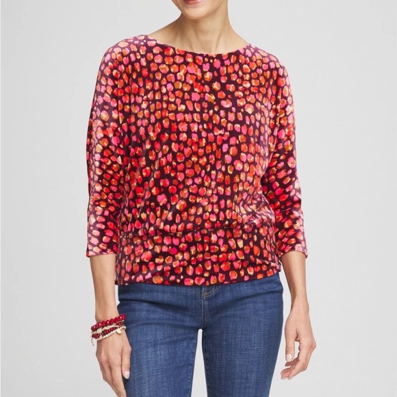 Chico’s Velvet Banded Hem Print Top deep raisin dolman Sz 4 XXL - Picture 1 of 10
